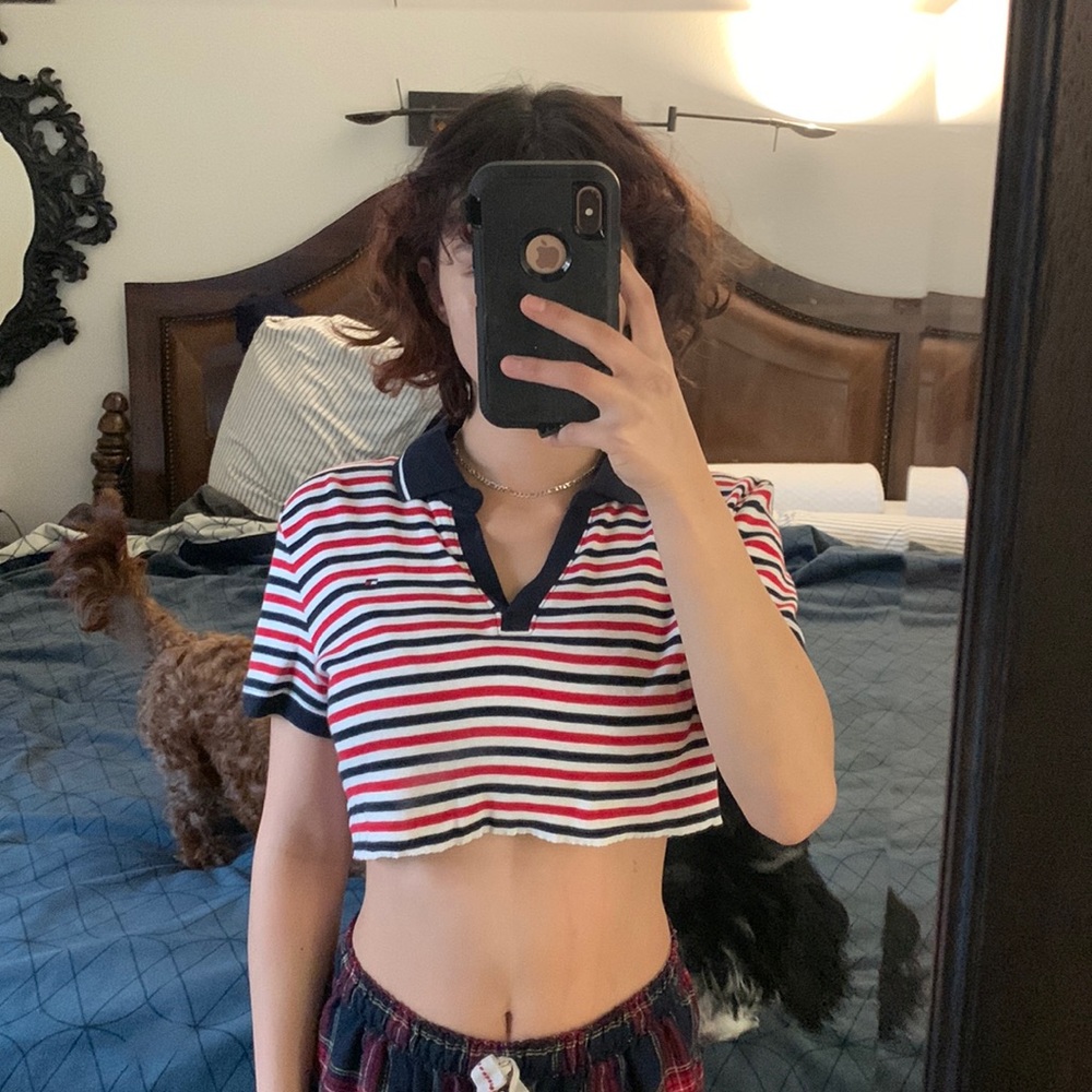Tommy Hilfiger striped cropped shirt. Red, black and white. V-neck polo